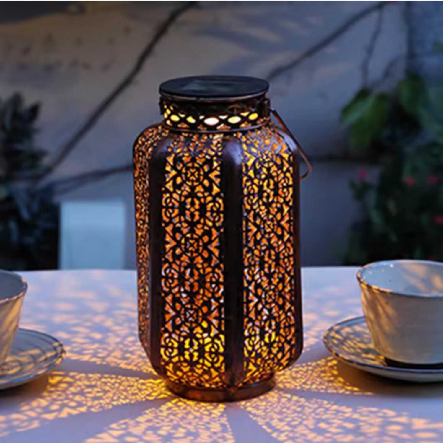 Moroccan-Style Solar Powered Metal Hanging Lantern