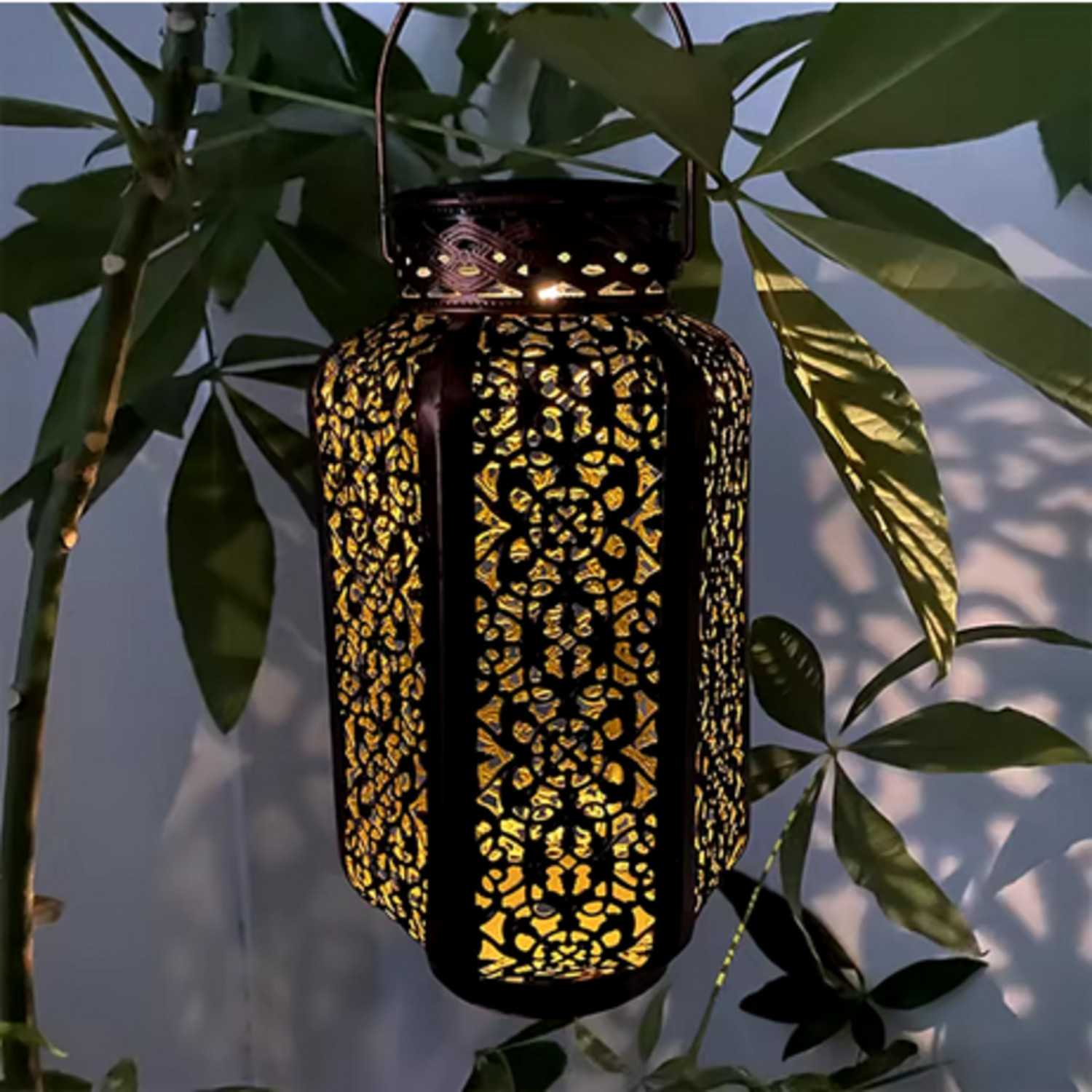 Moroccan-Style Solar Powered Metal Hanging Lantern
