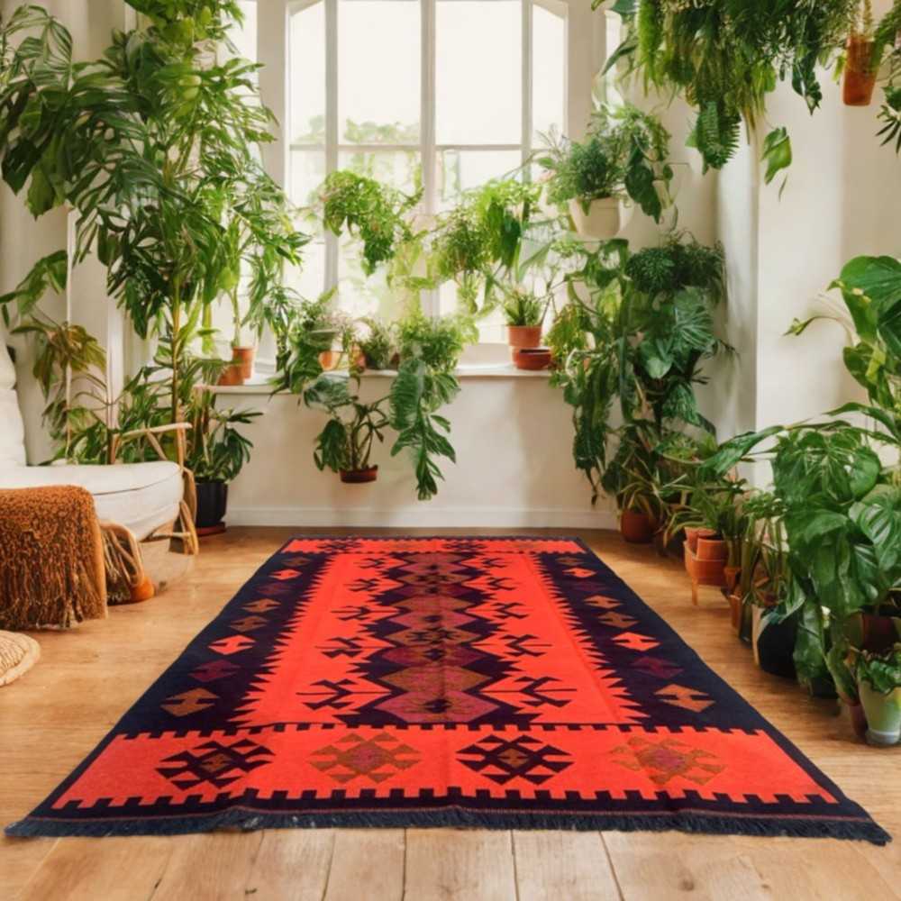 250 x 160 cm Large Reversible Turkish Kilim Rug - Red/Black