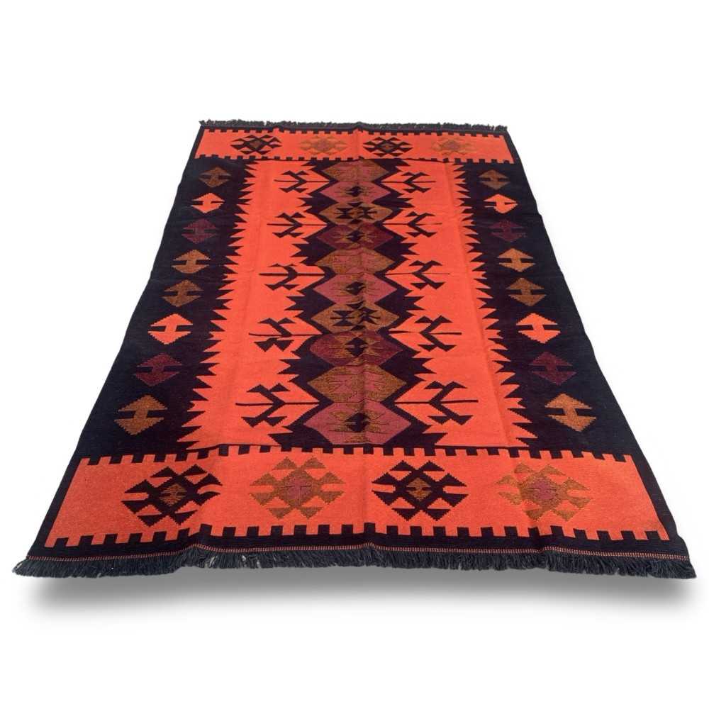 250 x 160 cm Large Reversible Turkish Kilim Rug - Red/Black