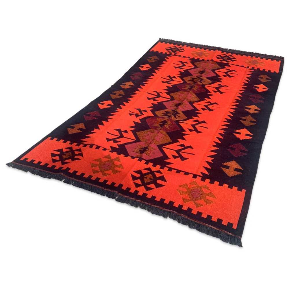 250 x 160 cm Large Reversible Turkish Kilim Rug - Red/Black