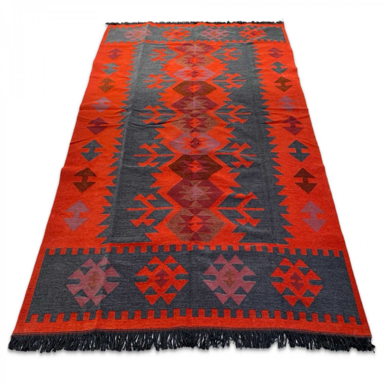 250 x 160 cm Large Reversible Turkish Kilim Rug - Red/Grey