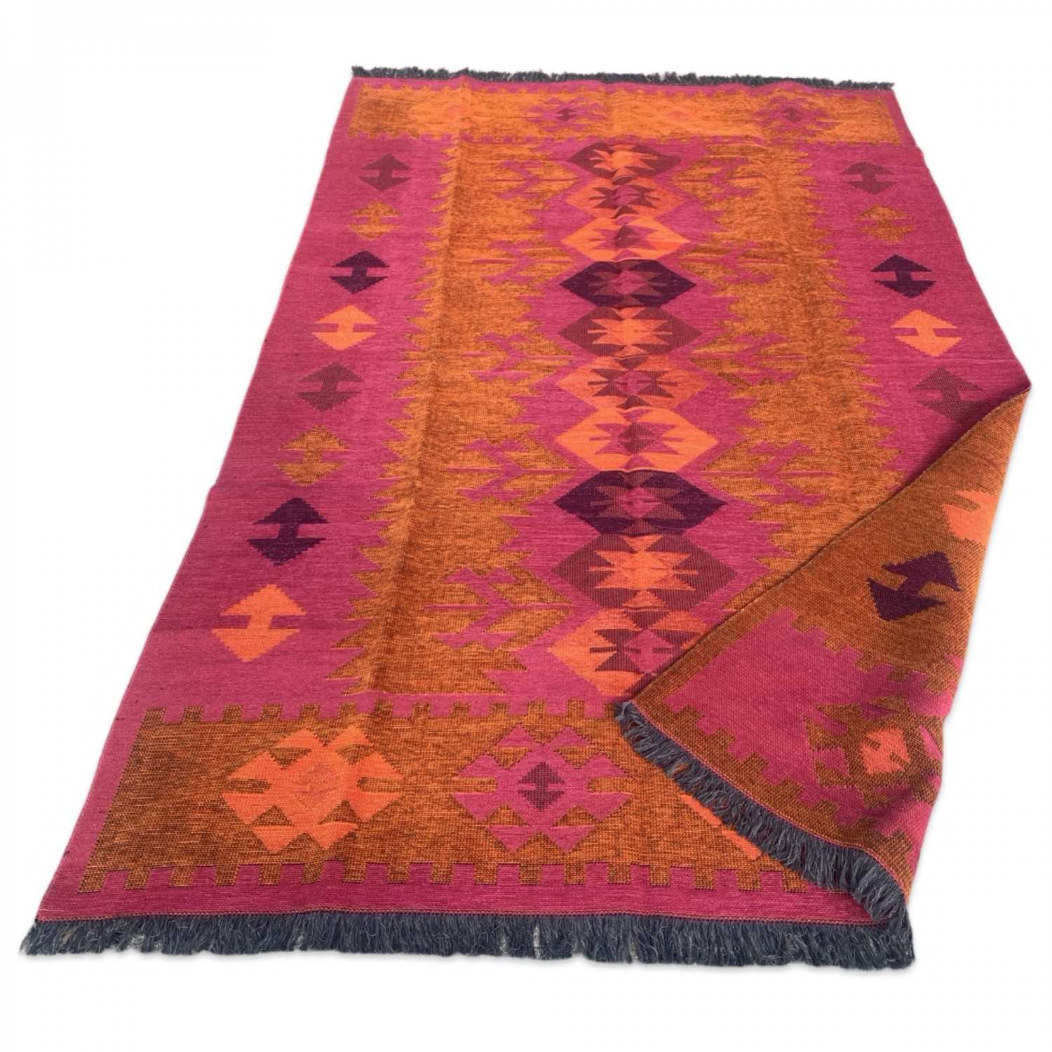 250 x 160 cm Large Reversible Turkish Kilim Rug - Orange Mix