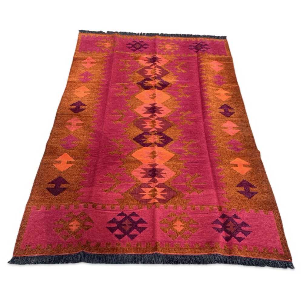 250 x 160 cm Large Reversible Turkish Kilim Rug - Orange Mix