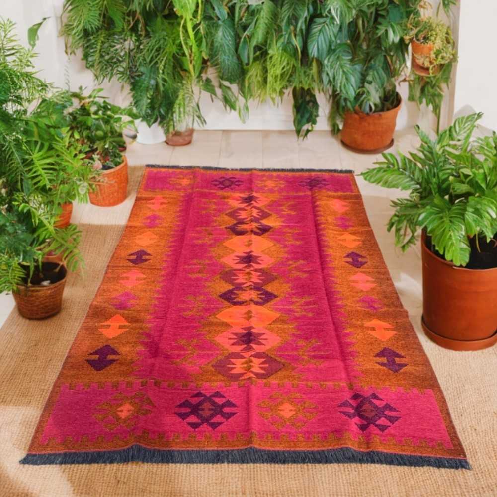 250 x 160 cm Large Reversible Turkish Kilim Rug - Orange Mix