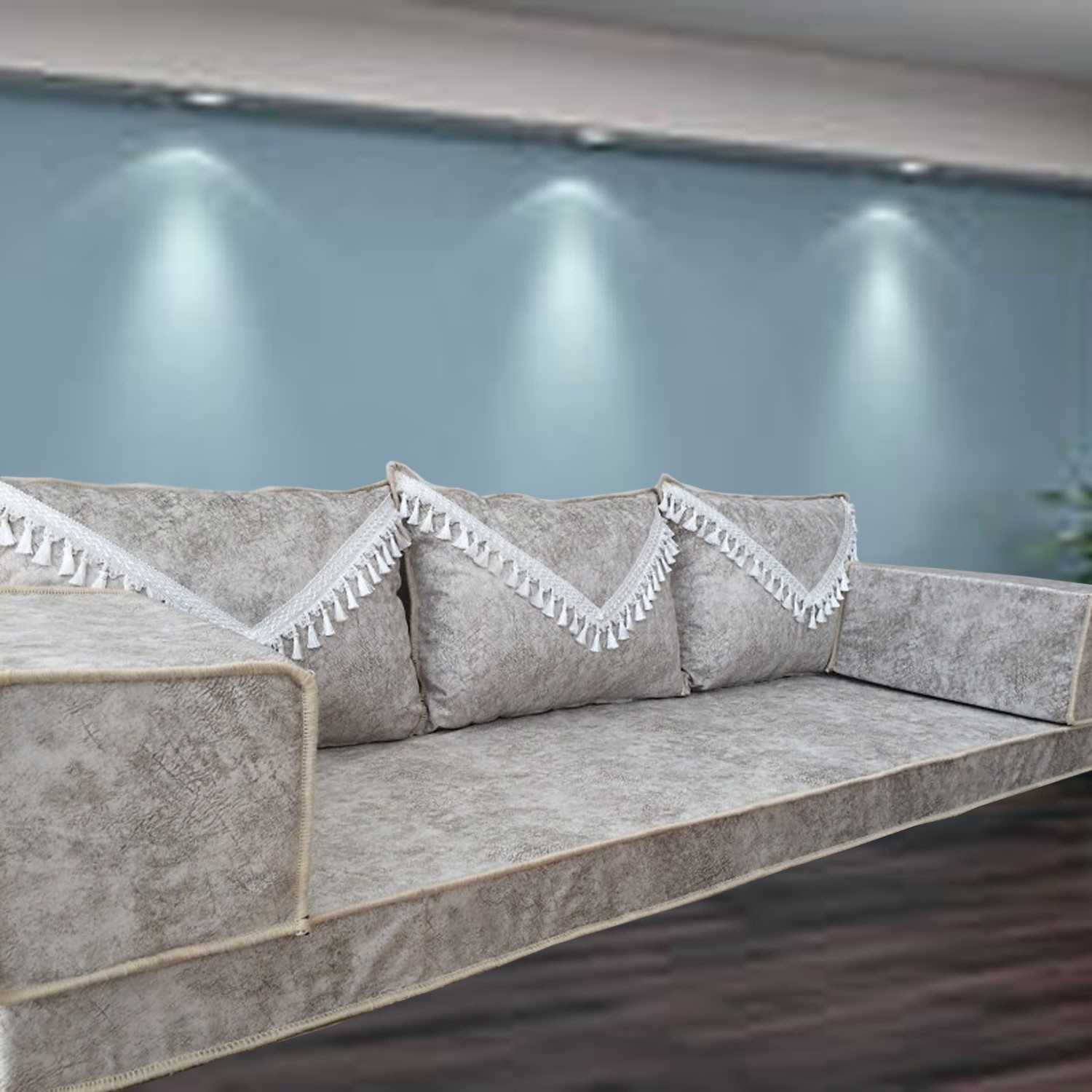 Marble Grey Light Tassel Three Seater Majlis Floor Sofa Couch