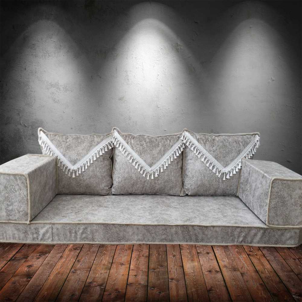 Marble Grey Light Tassel Three Seater Majlis Floor Sofa Couch