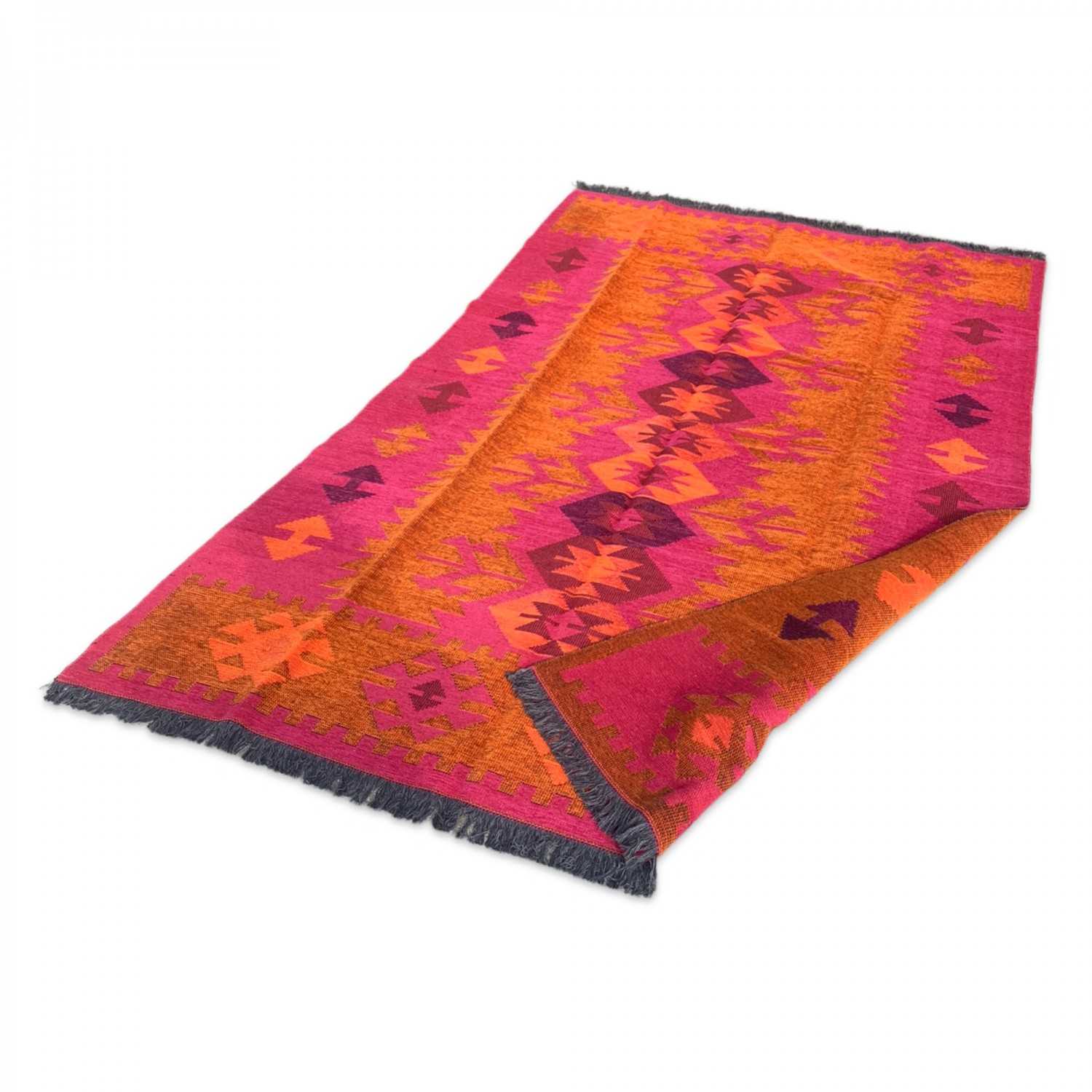 250 x 160 cm Large Reversible Turkish Kilim Rug - Orange Mix