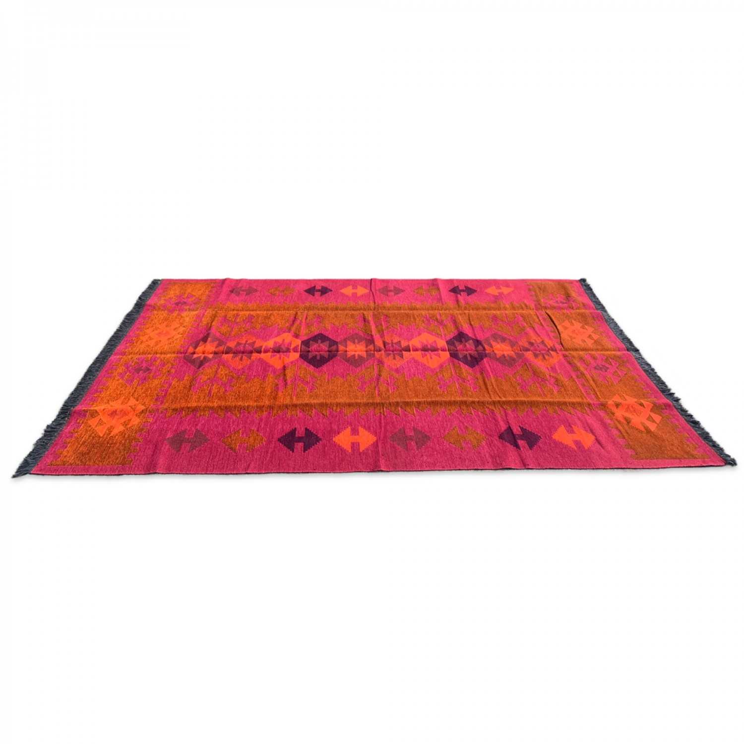 250 x 160 cm Large Reversible Turkish Kilim Rug - Orange Mix