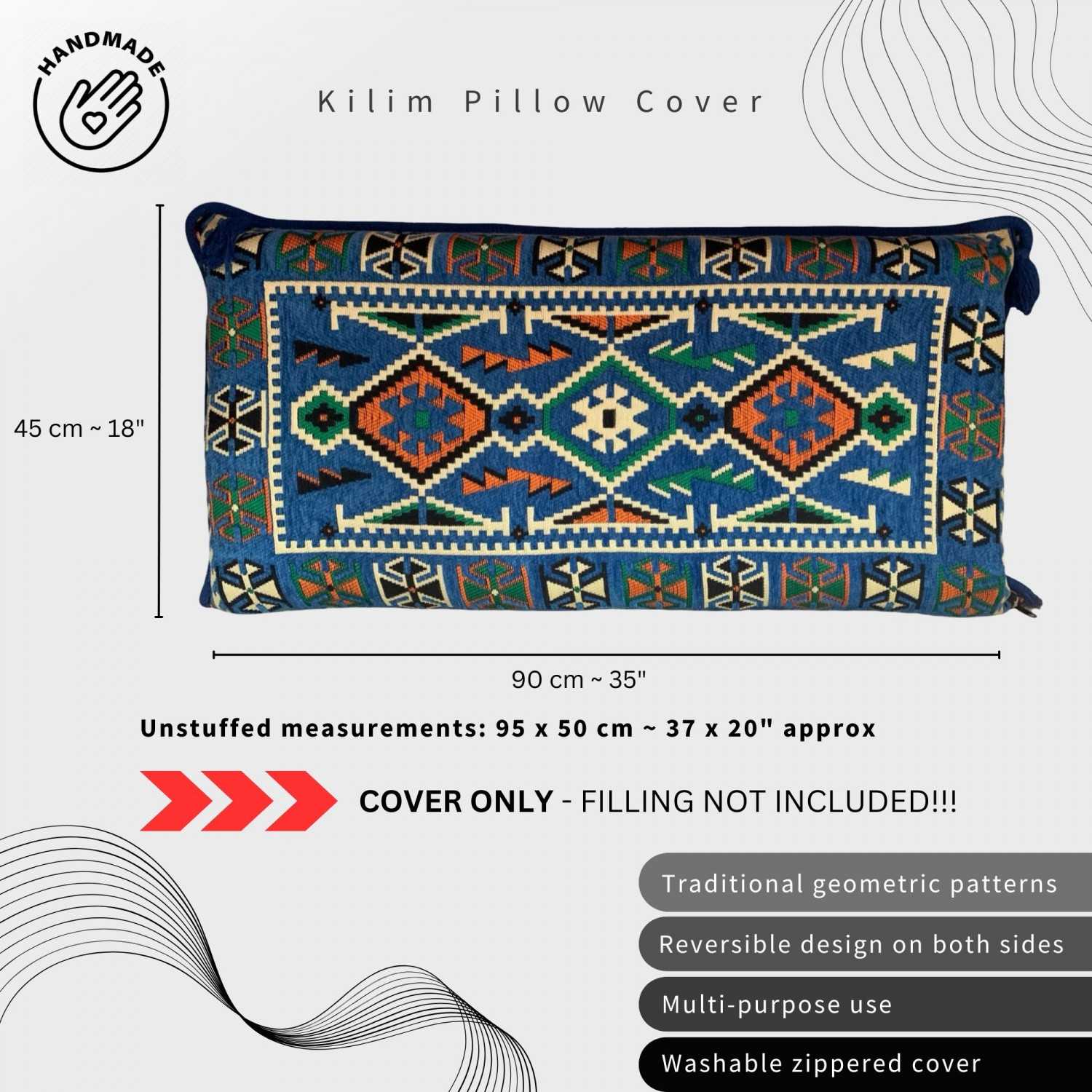 ANATOLIA Blue 90 x 45 cm Large Kilim Pillow Case - Unstuffed