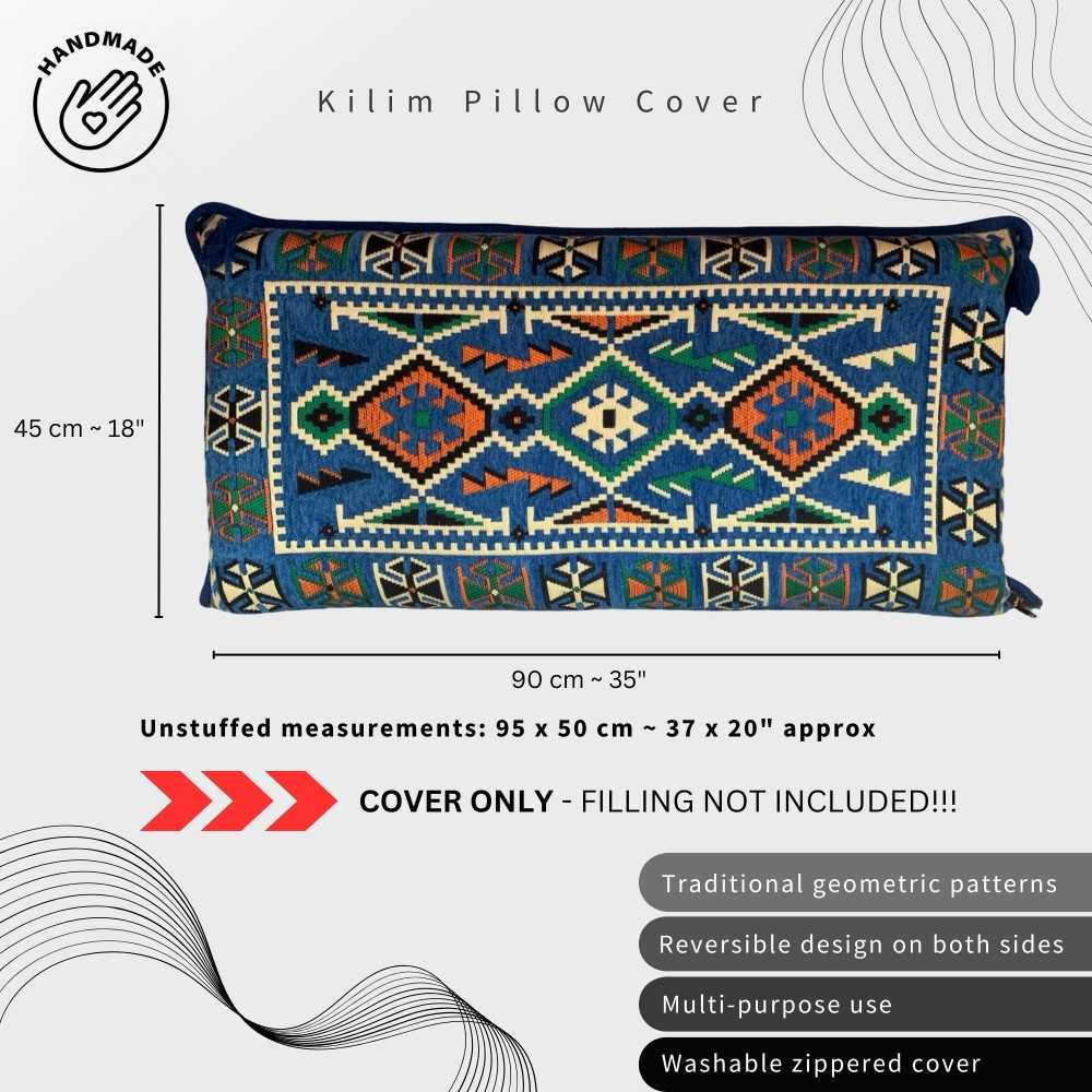 ANATOLIA Blue 90 x 45 cm Large Kilim Pillow Case - Unstuffed