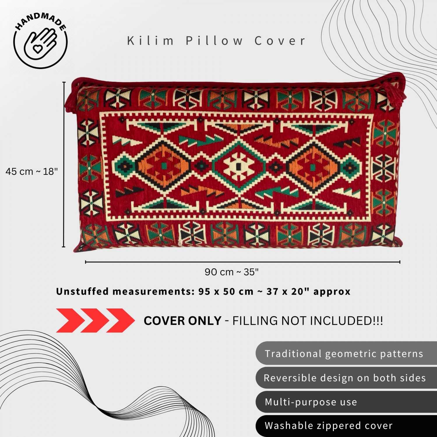 ANATOLIA Red 90 x 45 cm Large Kilim Pillow Case - Unstuffed