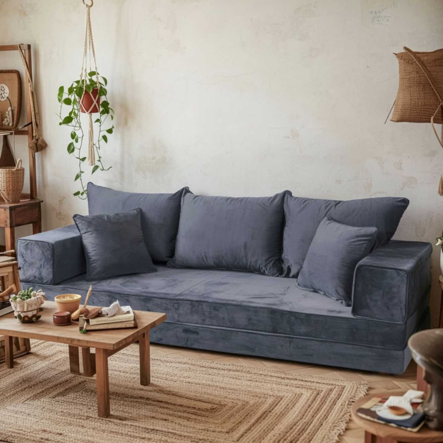 PLUSH Ash Grey Velvet Dual Base Floor Sofa Set