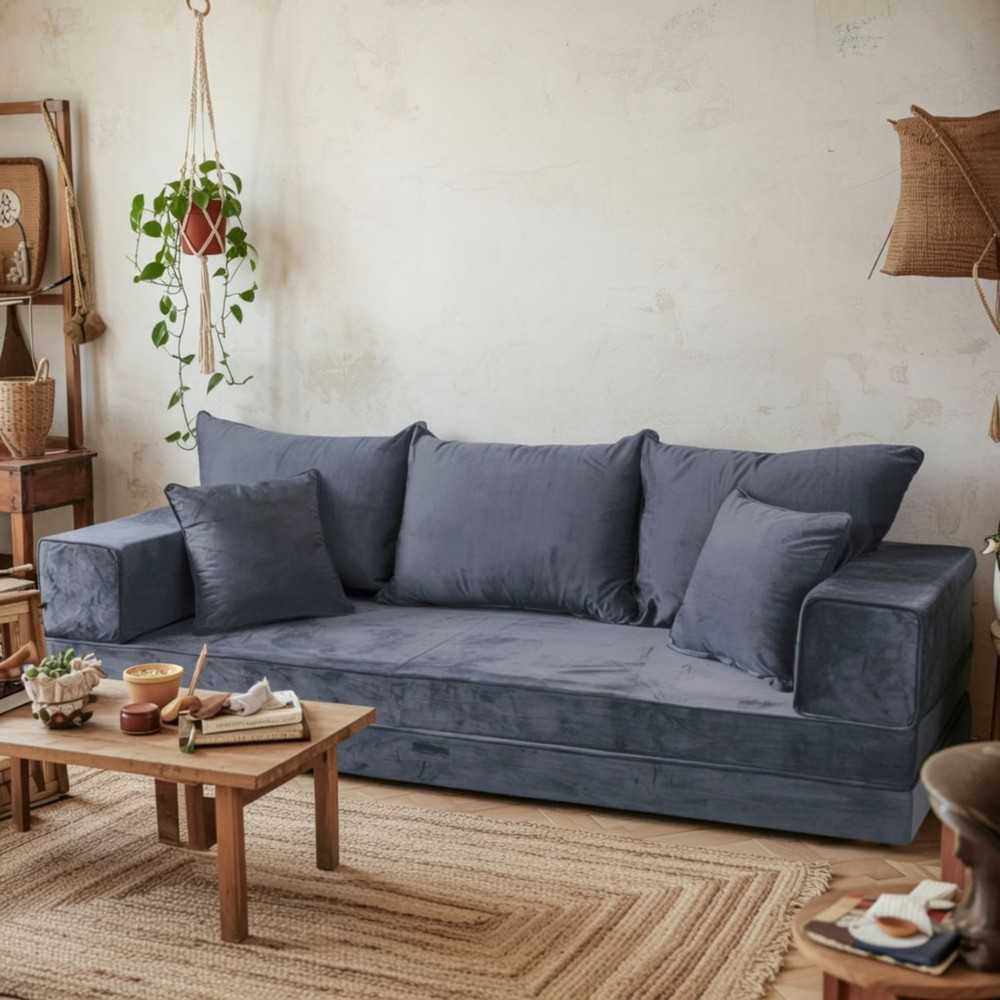 PLUSH Ash Grey Velvet Dual Base Floor Sofa Set