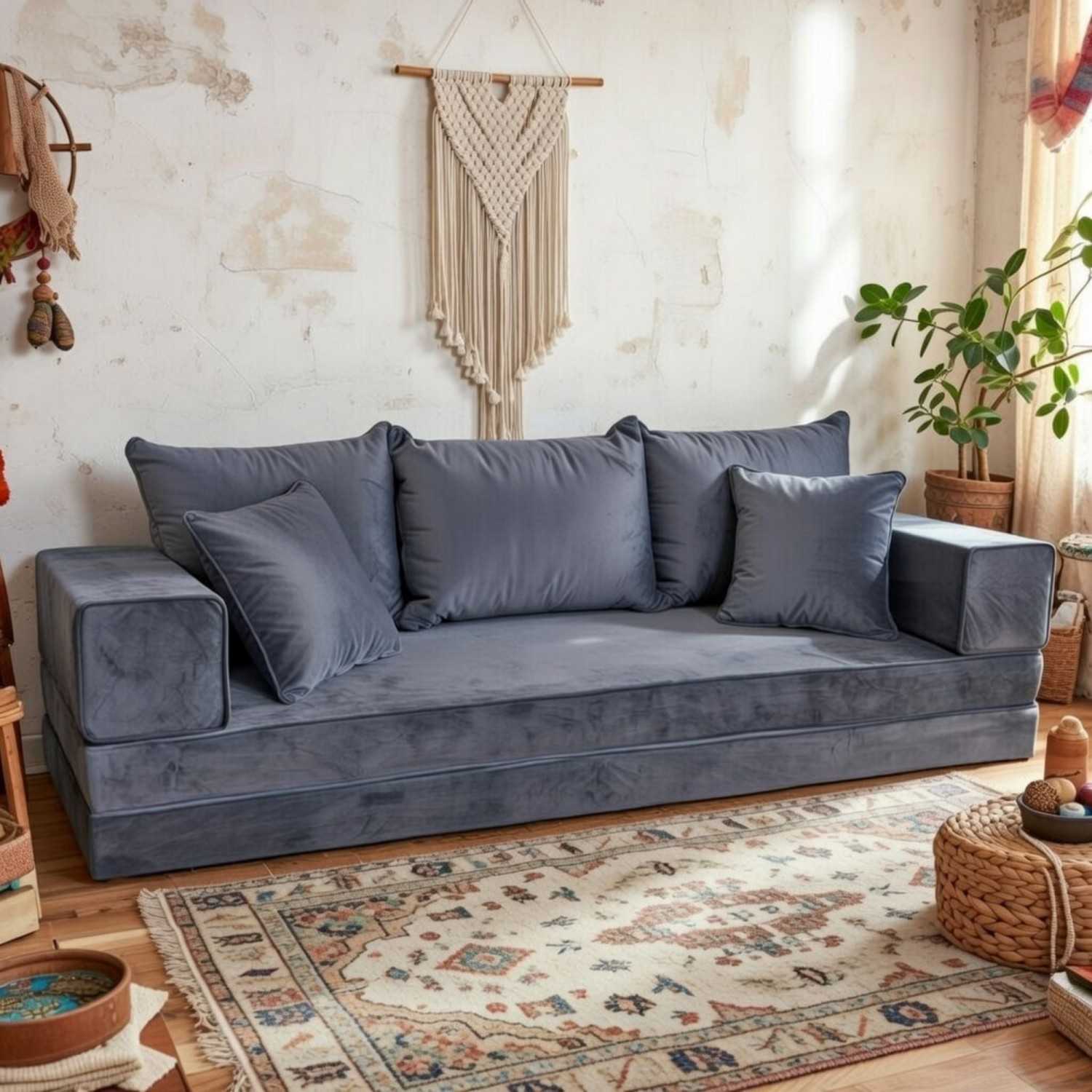 PLUSH Ash Grey Velvet Dual Base Floor Sofa Set