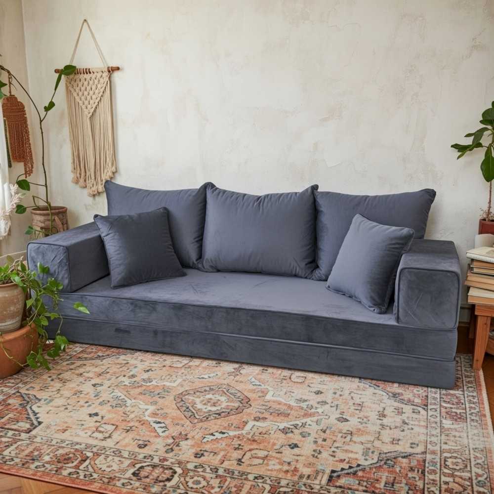 PLUSH Ash Grey Velvet Dual Base Floor Sofa Set