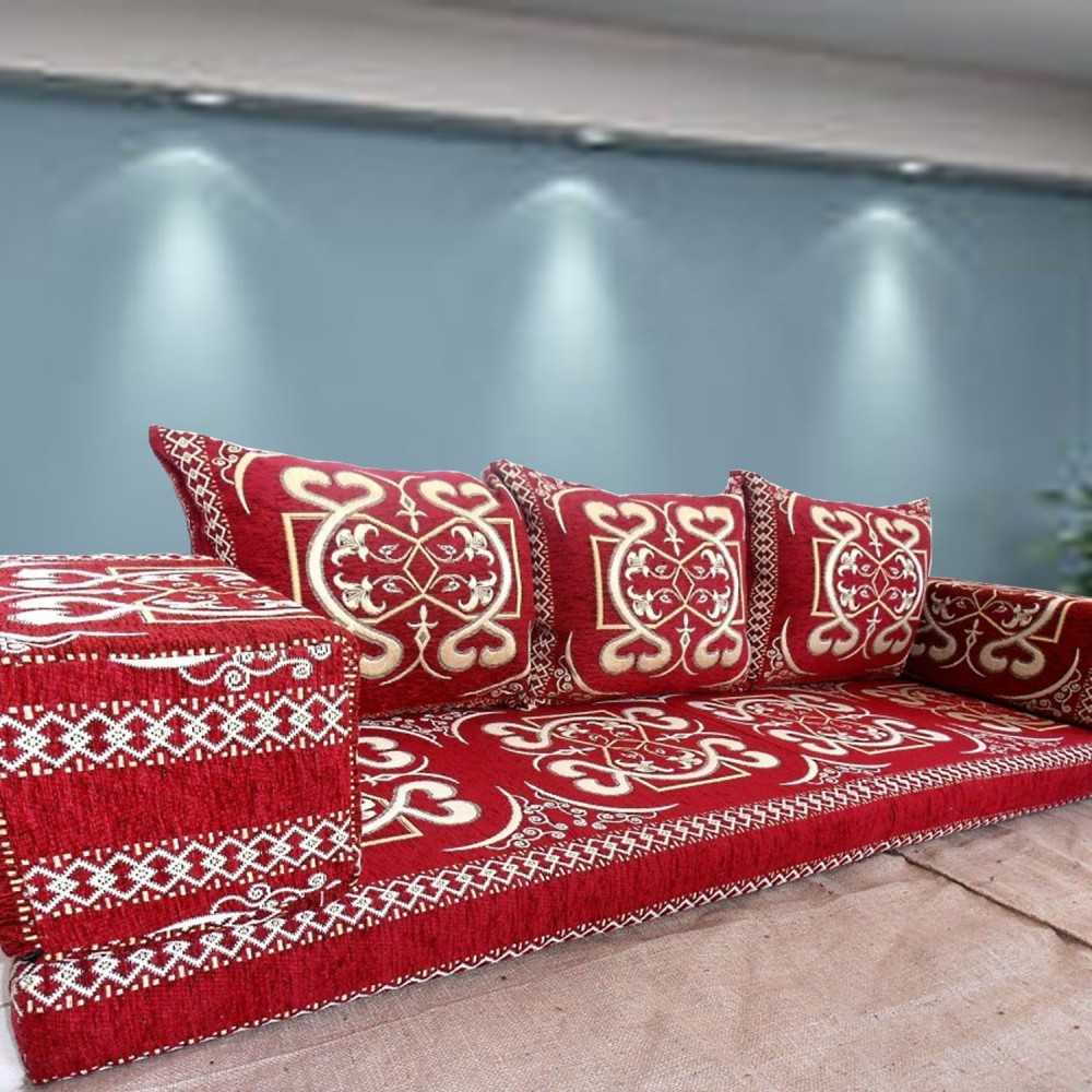 PALMERA-1 Red Three Seater Majlis Floor Sofa Set