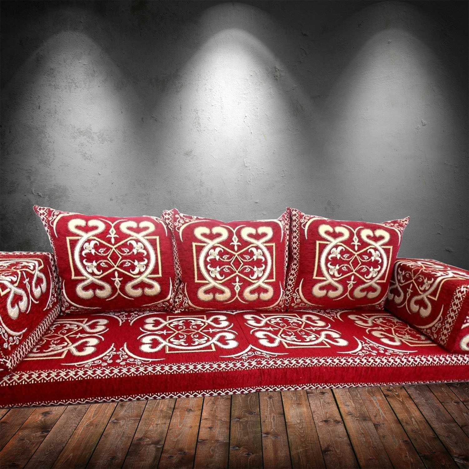 PALMERA-1 Red Three Seater Majlis Floor Sofa Set