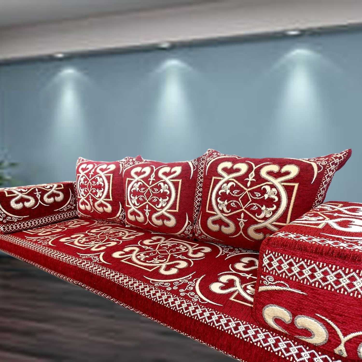 PALMERA-1 Red Three Seater Majlis Floor Sofa Set