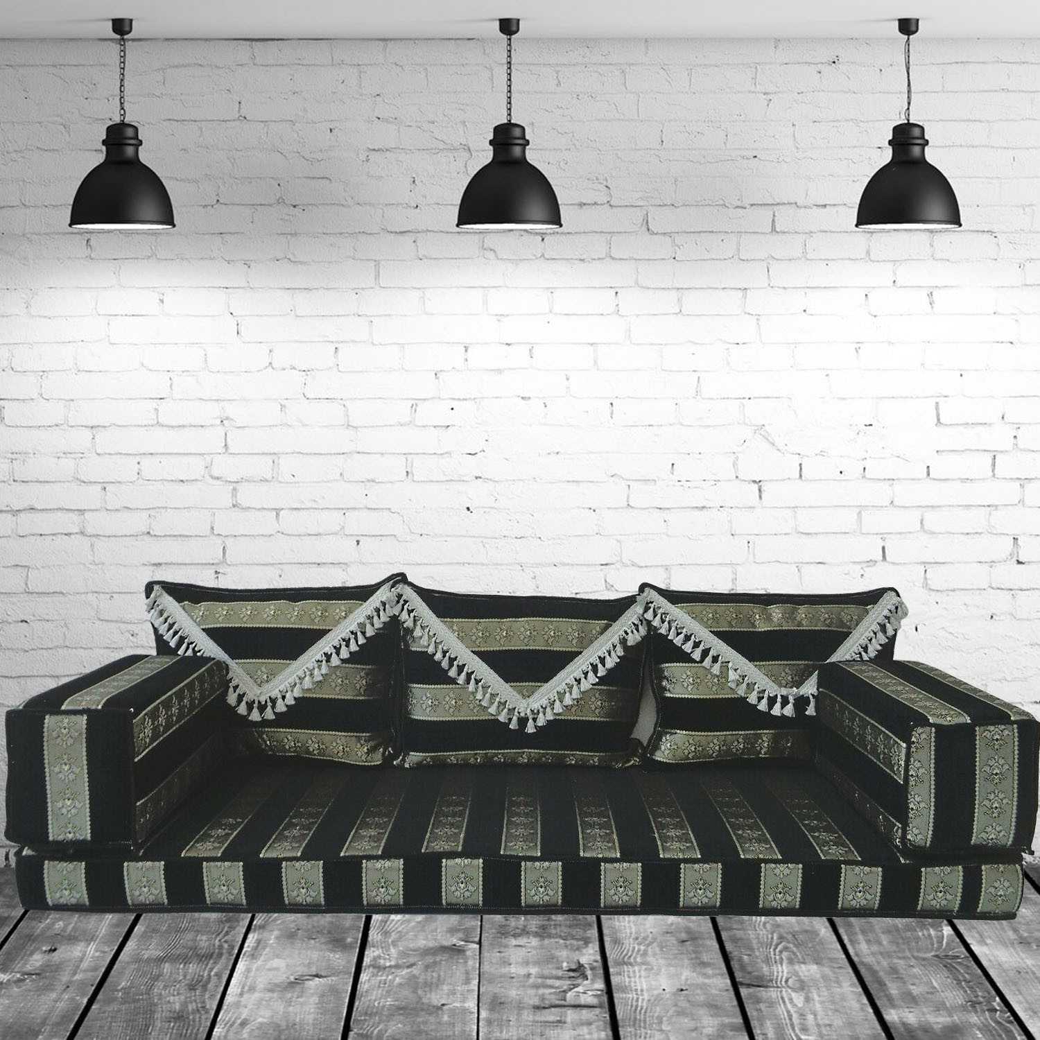 NARIN Black & Silver Tassel Three Seater Floor Sofa Set