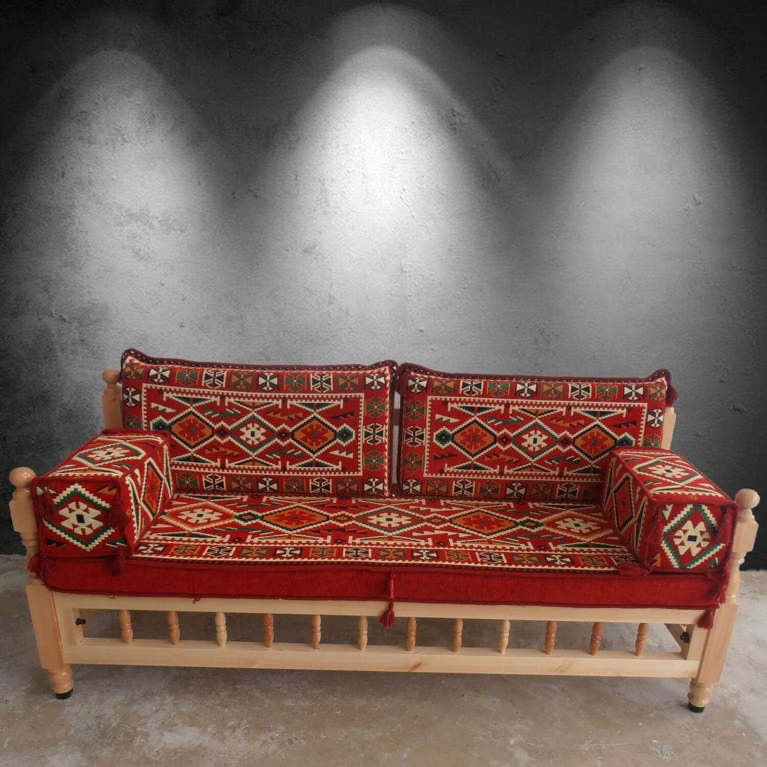 Three seater wooden bench with cushions