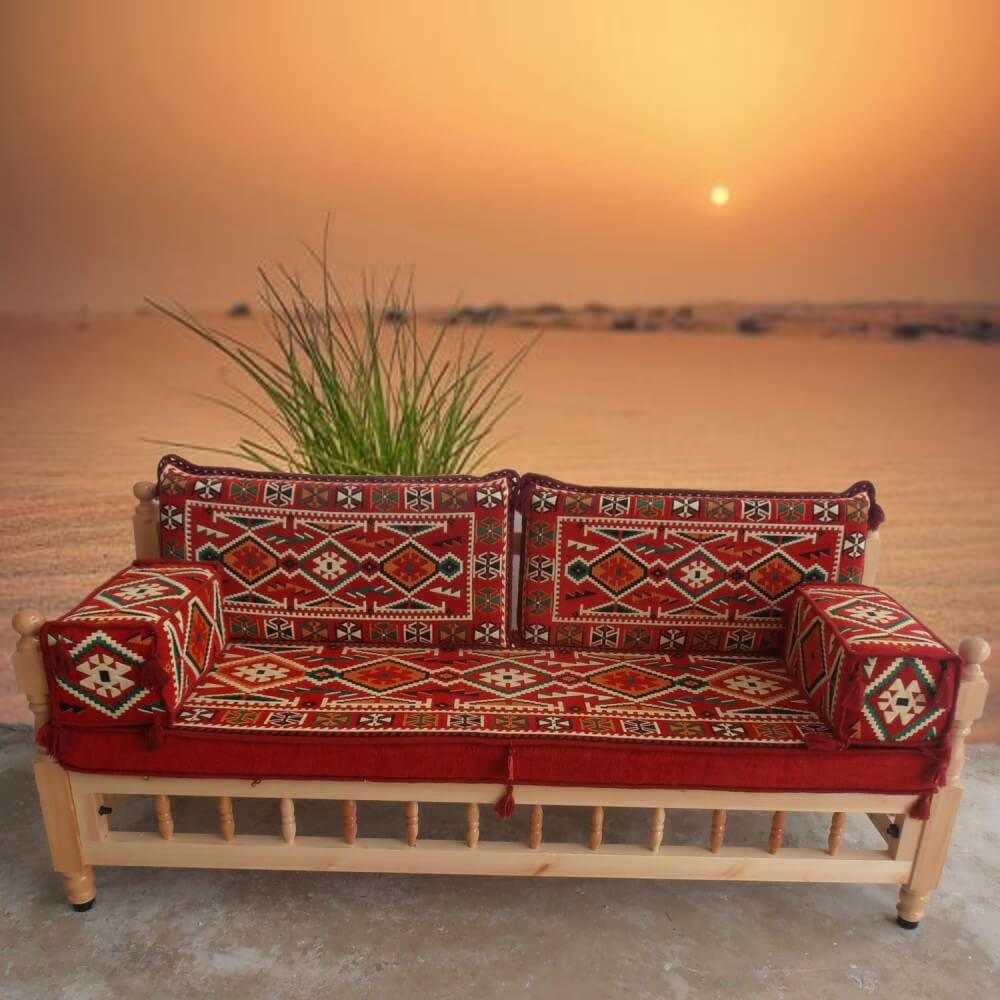 Three seater wooden bench with cushions