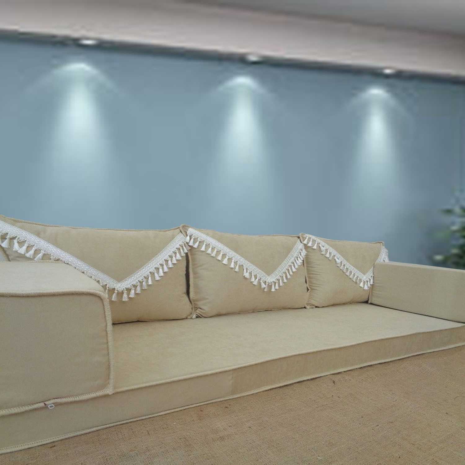 ELEGANT Cream Tassel Three Seater Majlis Floor Sofa Set