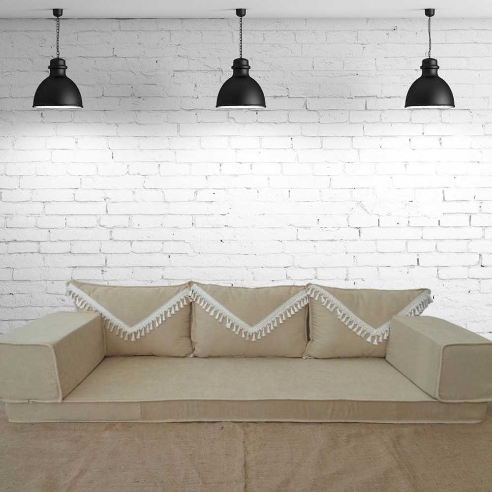 ELEGANT Cream Tassel Three Seater Majlis Floor Sofa Set