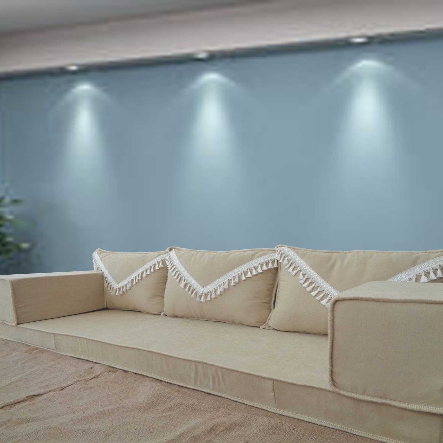 ELEGANT Cream Tassel Three Seater Majlis Floor Sofa Set