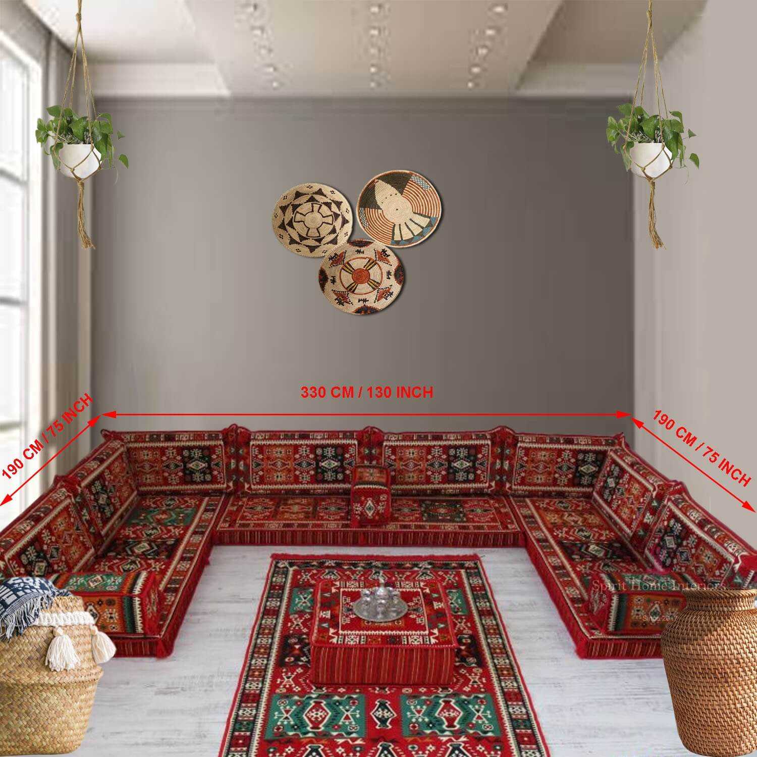 Spirit Home Interiors Red Floor sofa Large bohemian cushions Three seater couch Arabic style majlis seating 