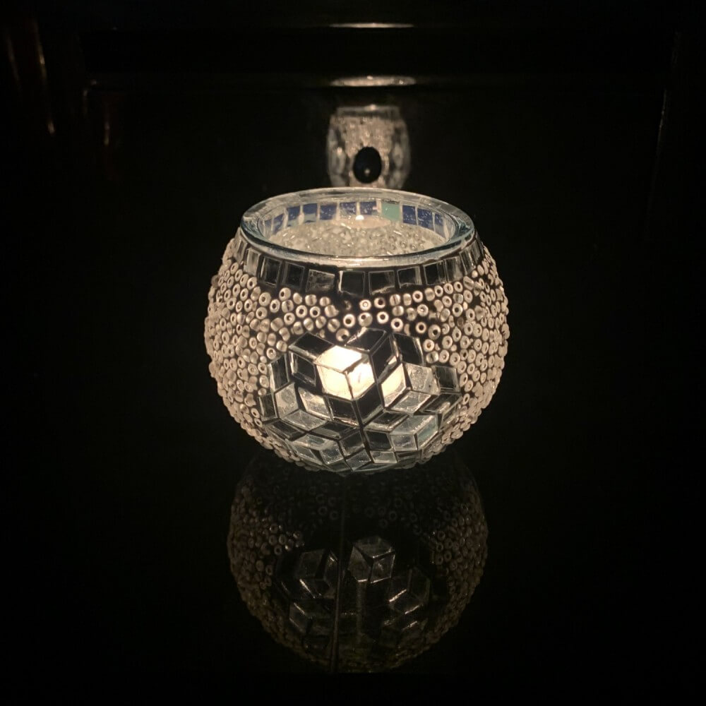 Handmade Mosaic Glass Candle Holder - Silver/White