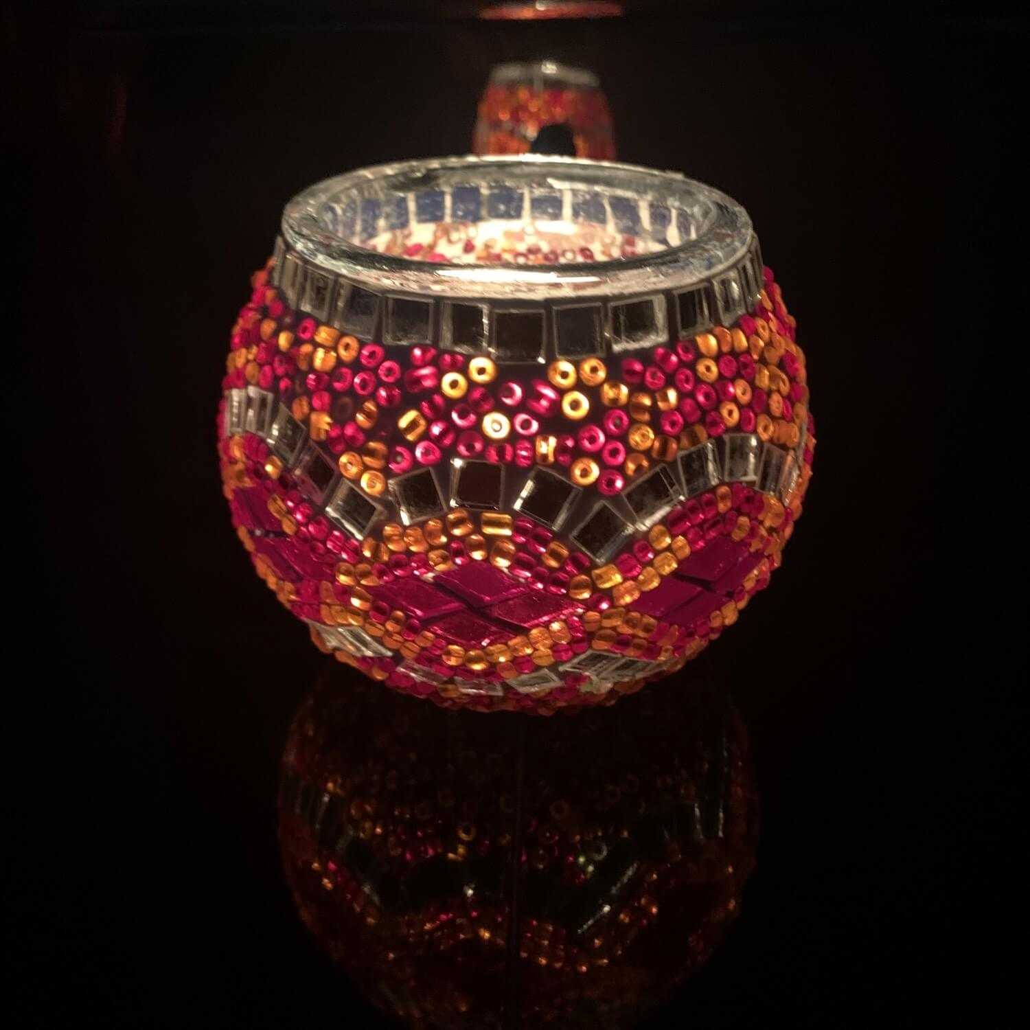 Handmade Mosaic Glass Candle Holder - Red/Multi