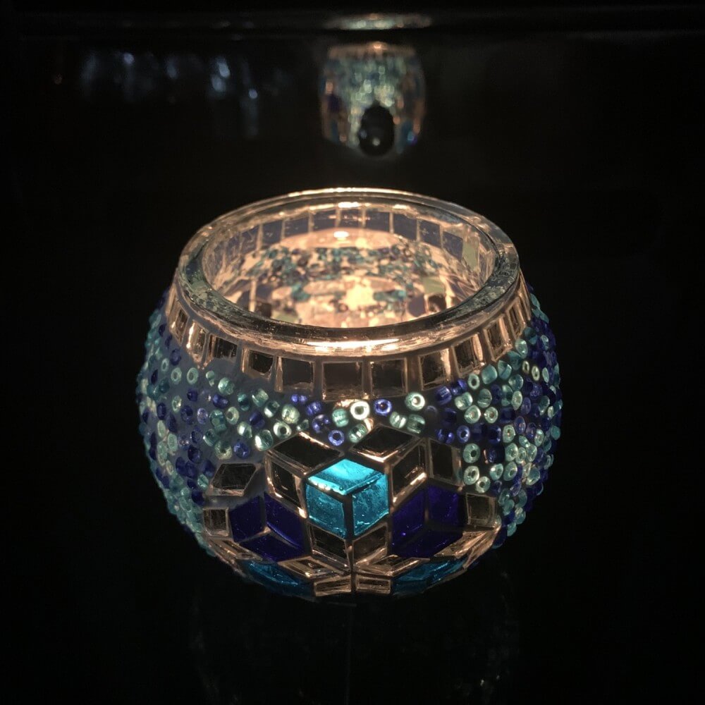 Handmade Mosaic Glass Candle Holder - Blue/Silver