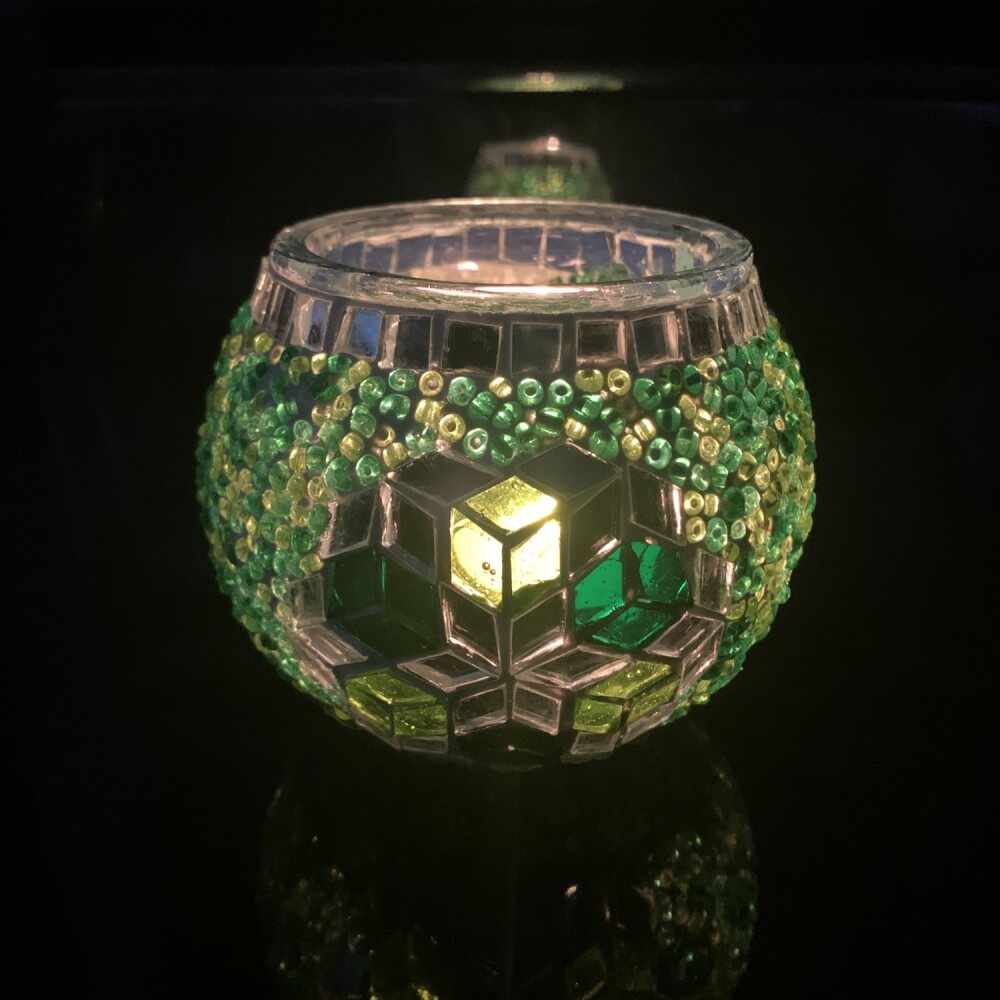 Handmade Mosaic Glass Candle Holder - Green/Silver