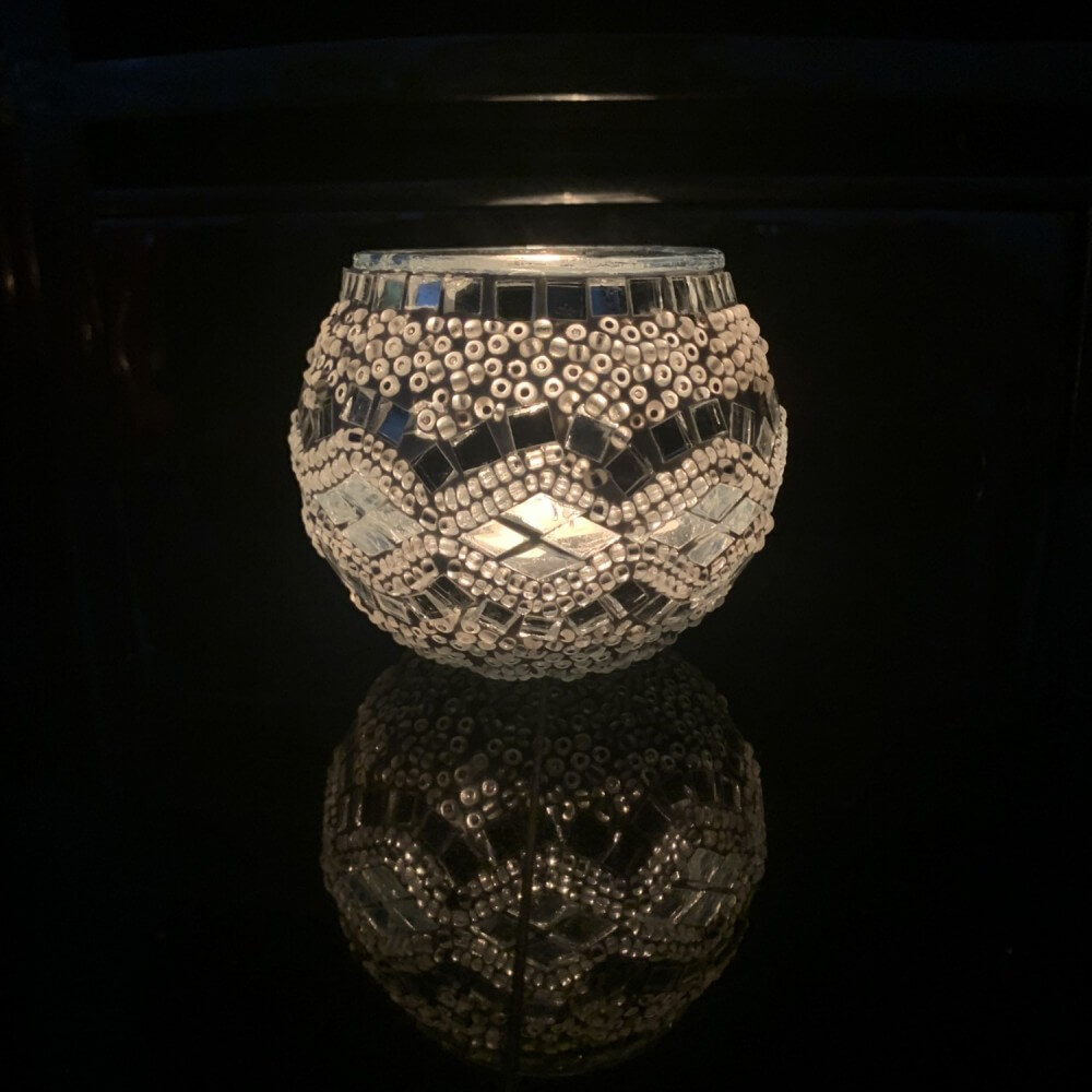 Handmade Mosaic Glass Candle Holder - Silver/White