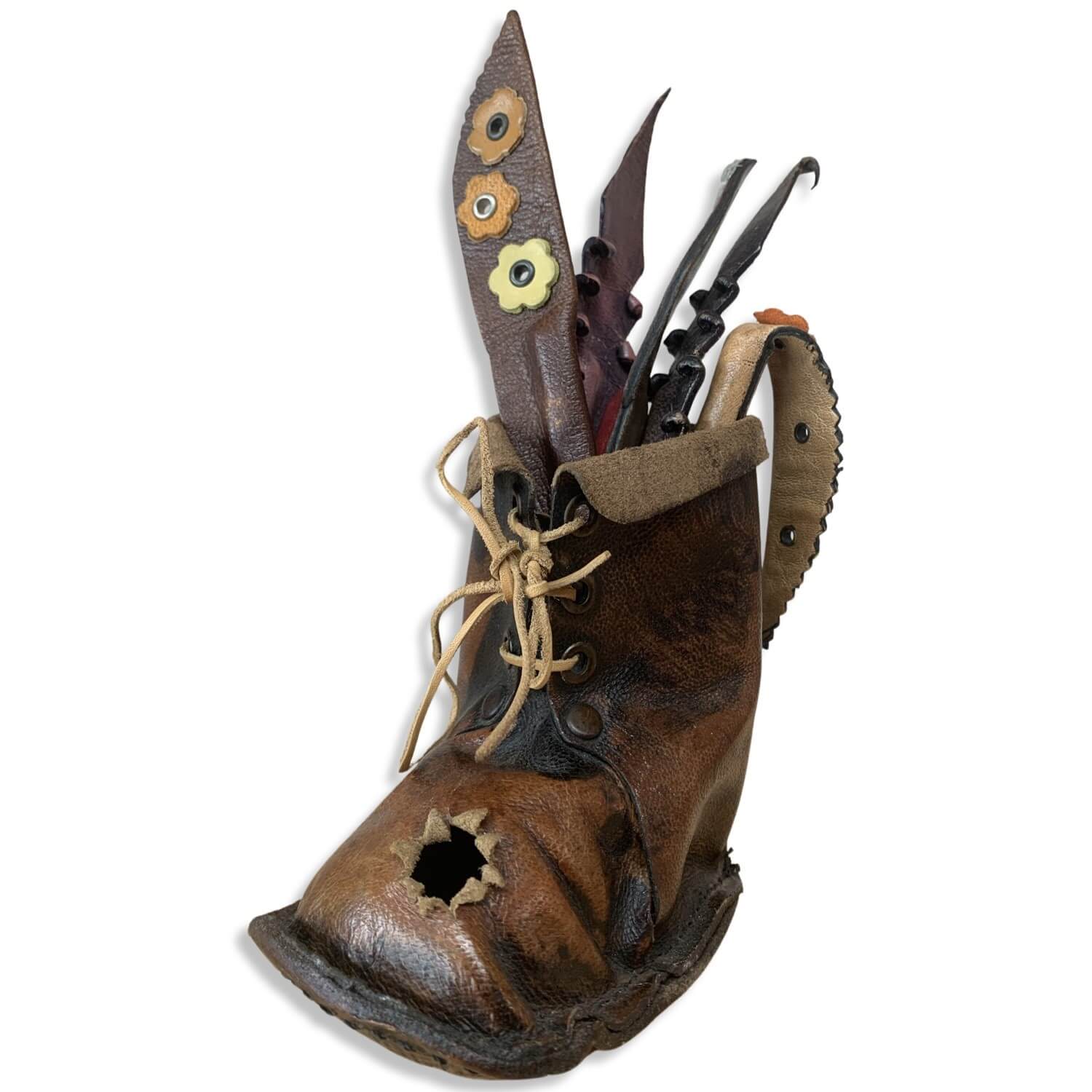 Leather Pen Holder - Soldier Boot With Bullet Hole