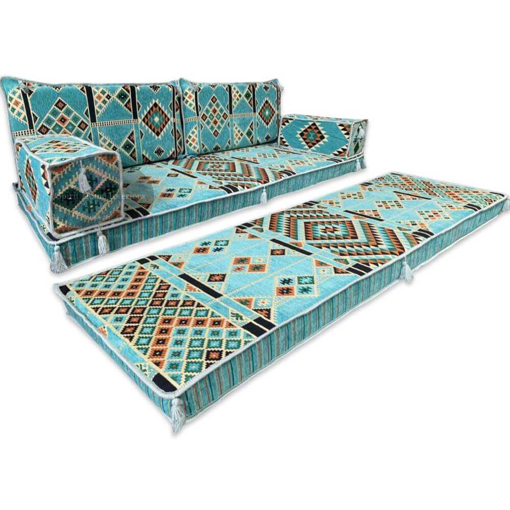 Kilim 8" Thick Double Based Three Seater Majlis Floor Sofa - Turquoise
