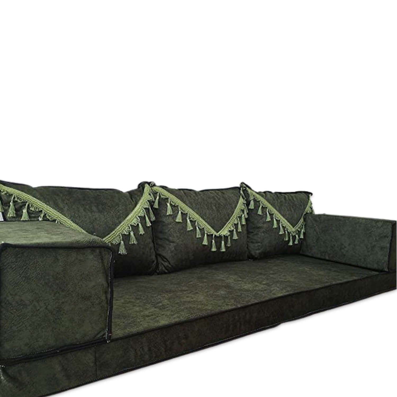 Green fabric floor sofa couch, Large floor pillows