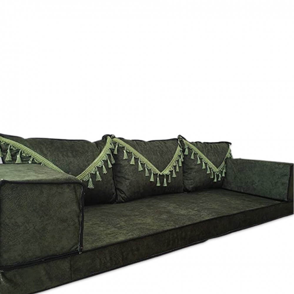 ELEGANT Green Tassel Three Seater Majlis Floor Sofa Set