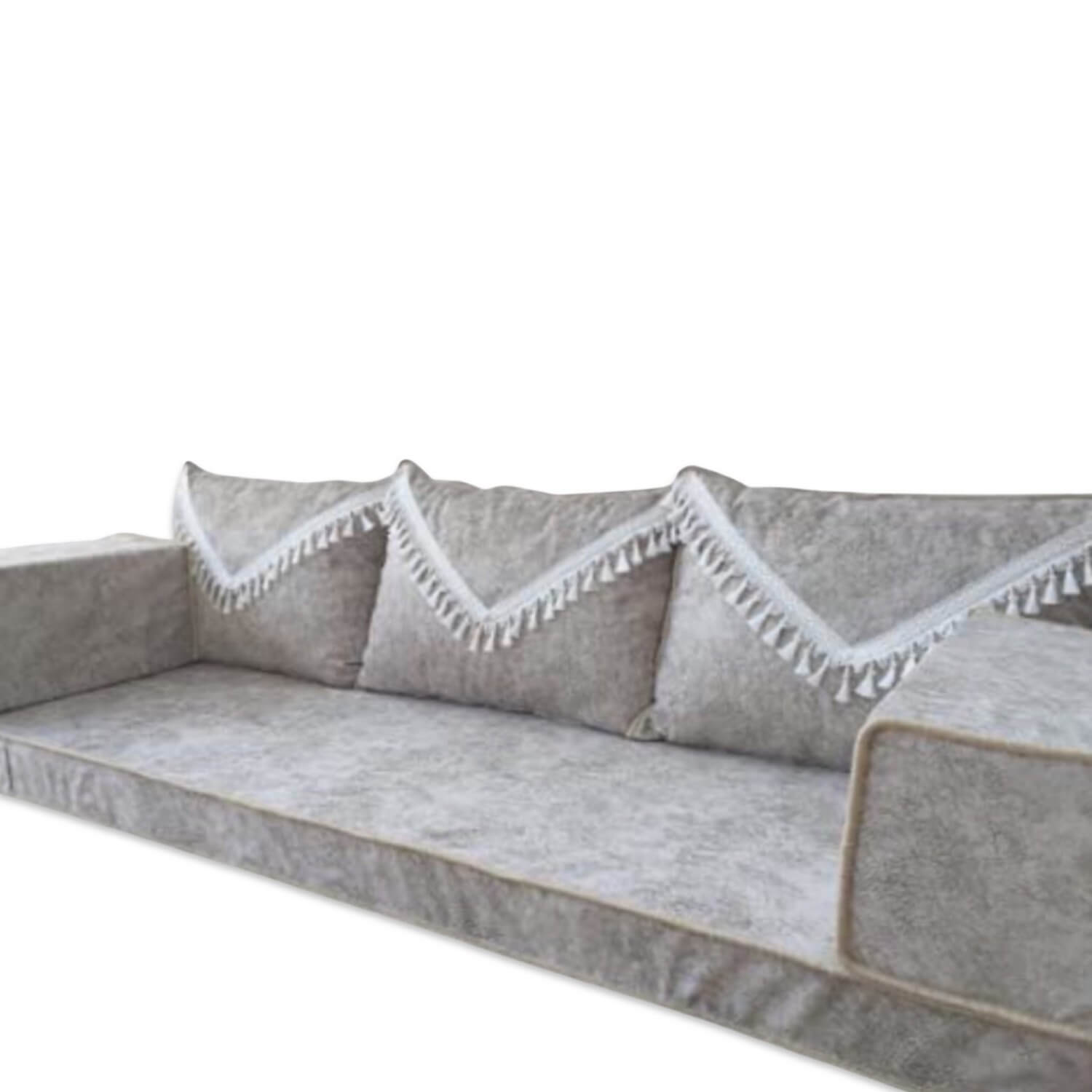 ELEGANT Light Grey Tassel Three Seater Majlis Floor Sofa Set