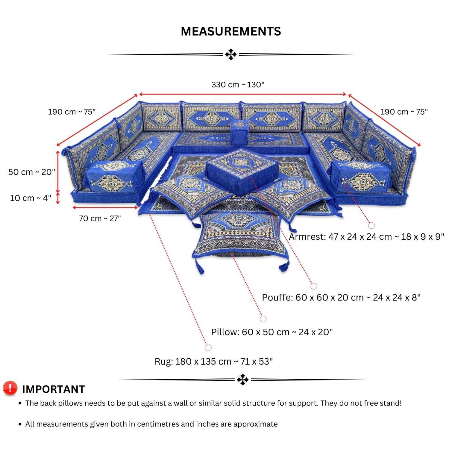 PALACE Royal Blue 19-Piece Modular U-Shaped Floor Sofa Set