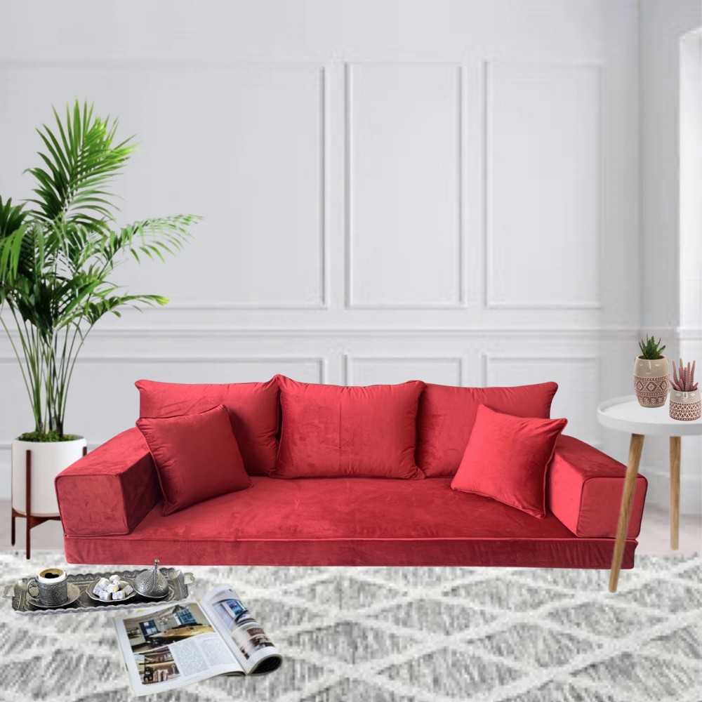 PLUSH Venetian Red Velvet Three Seater Floor Sofa Set