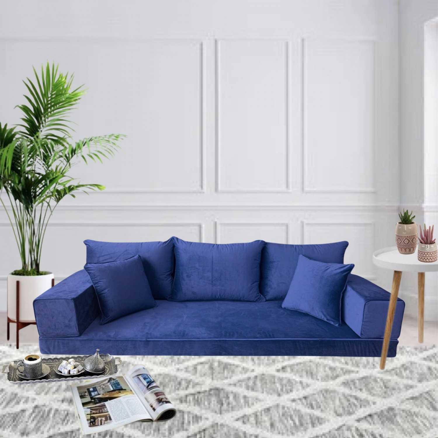 PLUSH Midnight Navy Velvet Three Seater Floor Sofa Set