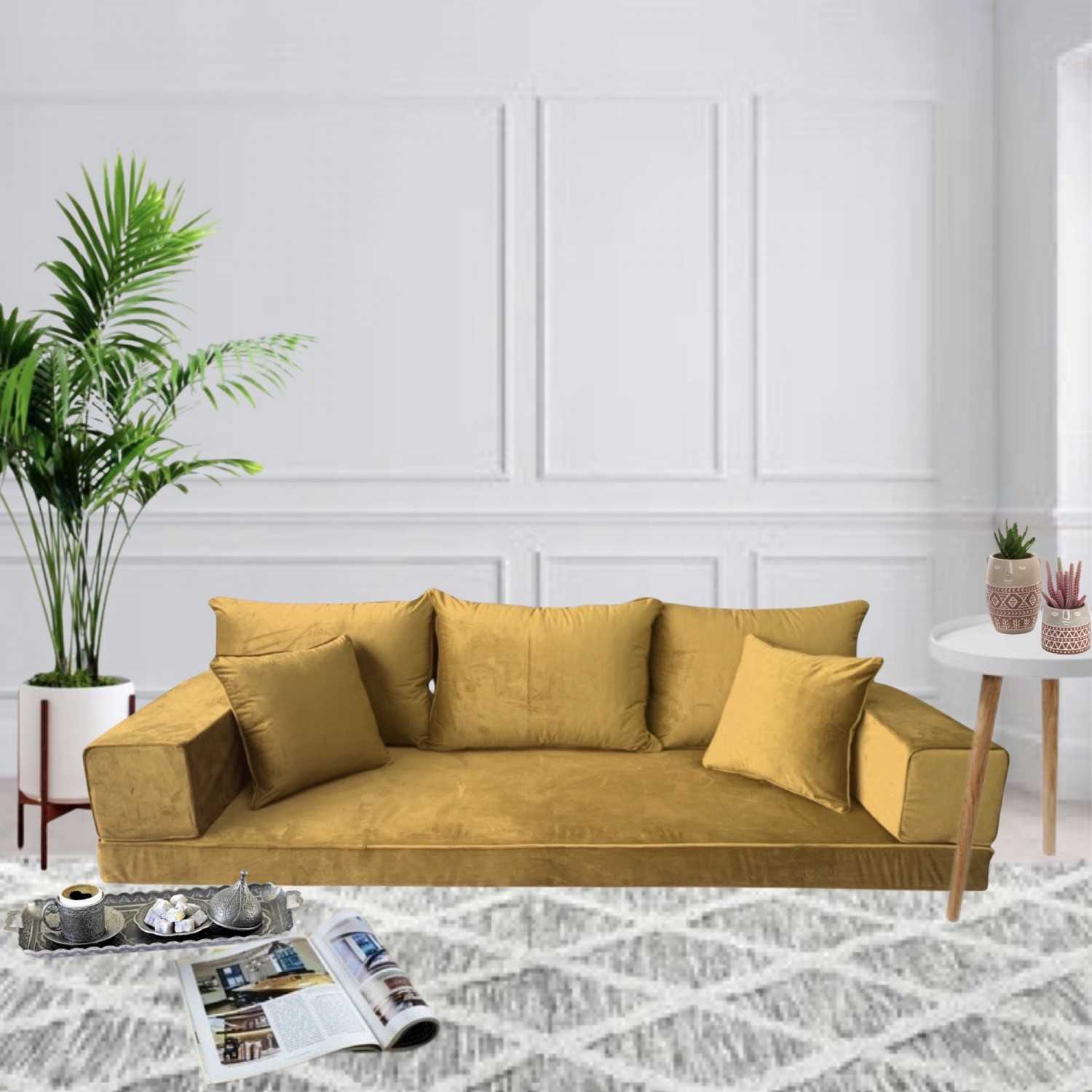 PLUSH Antique Gold Velvet Three Seater Floor Sofa Set PLUSH Antique Gold Velvet Three Seater Floor Sofa Set