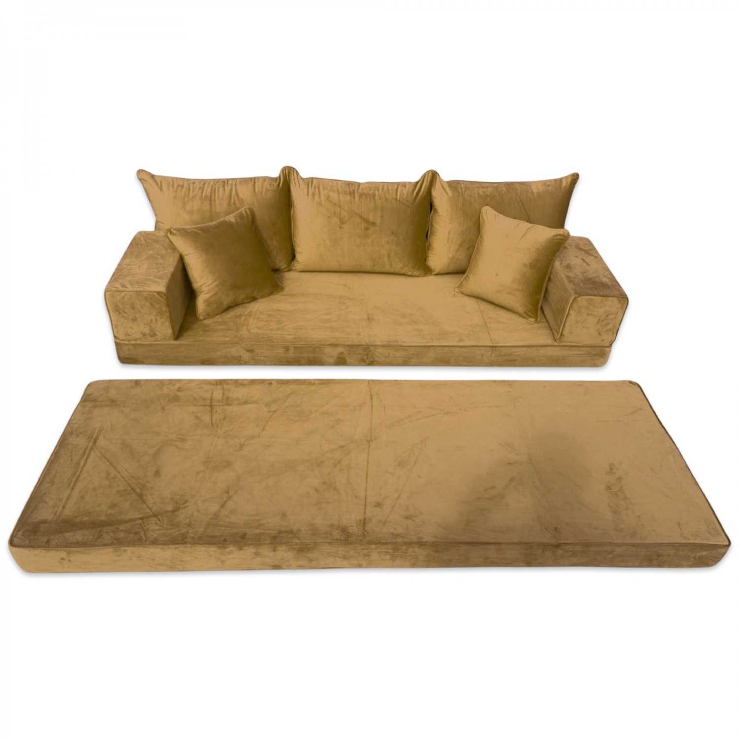 PLUSH Antique Gold Velvet Dual Base Floor Sofa Set