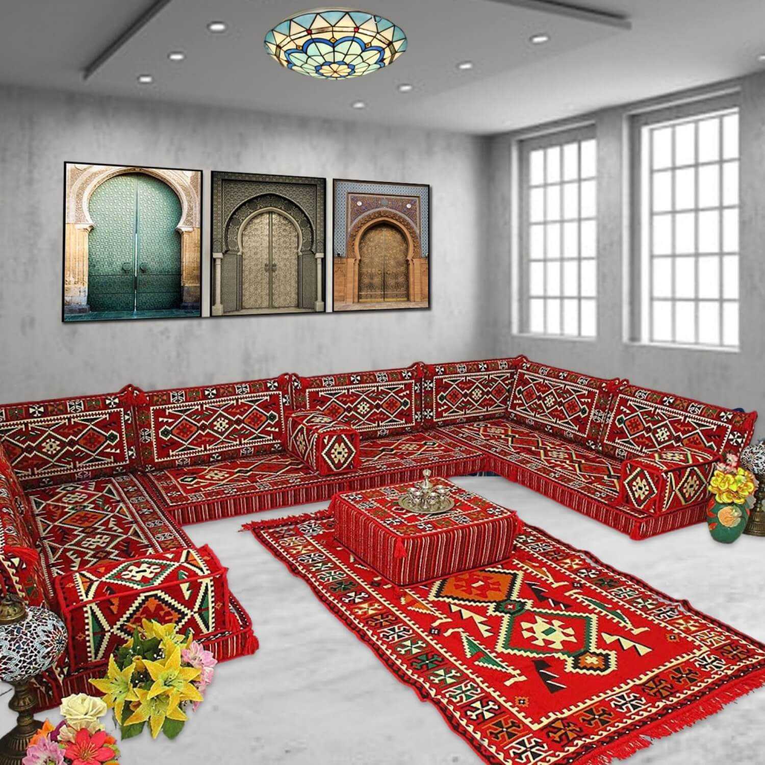 ANATOLIA Red Nine Seater Modular U-Shaped Floor Sofa Set ANATOLIA Red Nine Seater Modular U-Shaped Floor Sofa Set