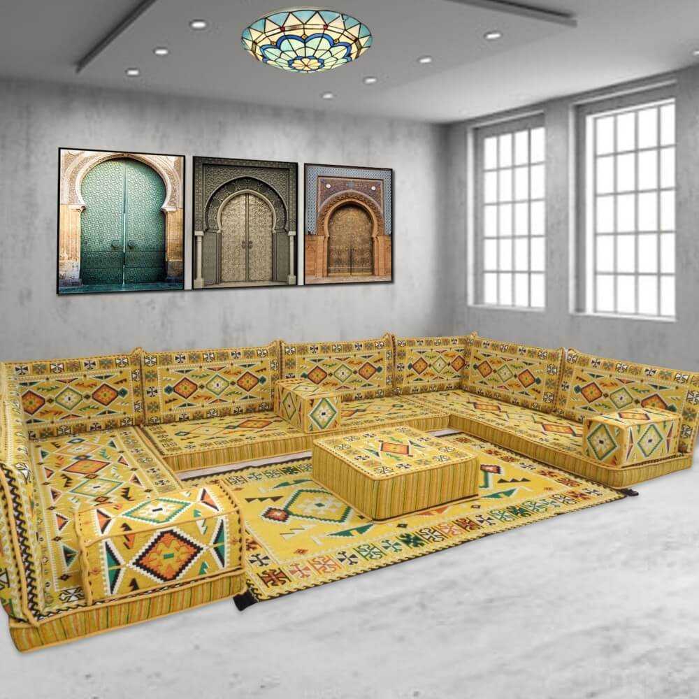 ANATOLIA Yellow Nine Seater Modular U-Shaped Floor Sofa Set