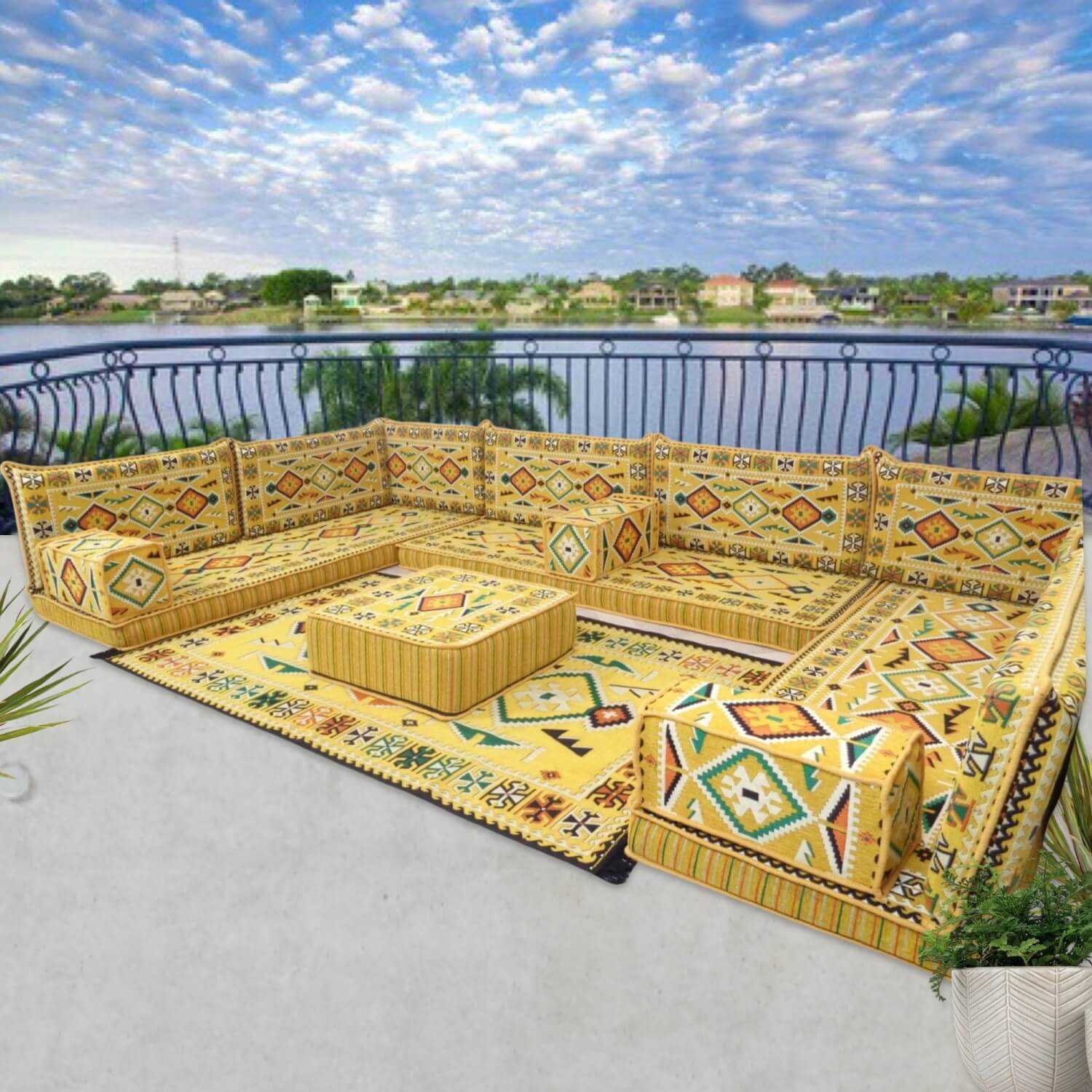 ANATOLIA Yellow Nine Seater Modular U-Shaped Floor Sofa Set