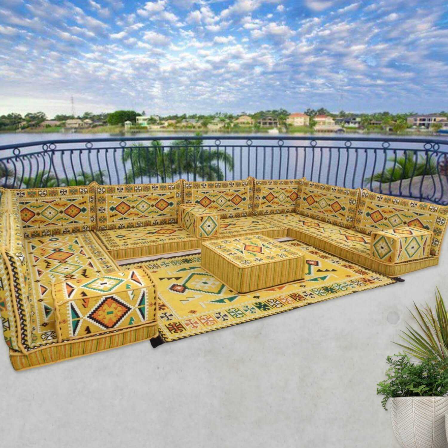 ANATOLIA Yellow Nine Seater Modular U-Shaped Floor Sofa Set