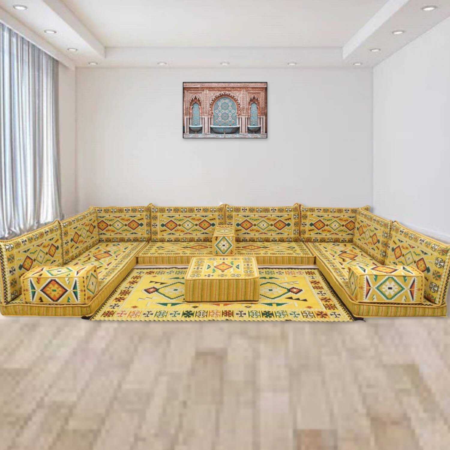 ANATOLIA Yellow Nine Seater Modular U-Shaped Floor Sofa Set